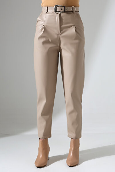 aselon Kadın Yüksek Bel Maskülen Klasik Deri Pantolon Kemerli İçi süet Kışlık