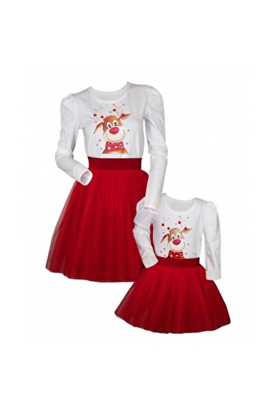 Atelier Anca Socolovschi Mother/daughter set - white top with reindeer print and red tulle skirt, size L & 7-8 years