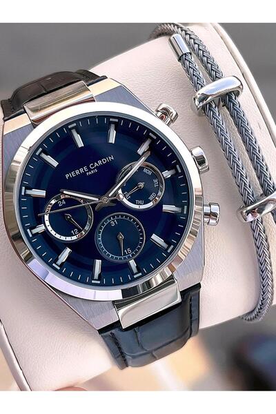 Pierre Cardin ساعة يد رجالية بتصميم إيطالي مع سوار هدية وعلبة فولاذية وحبل جل...
