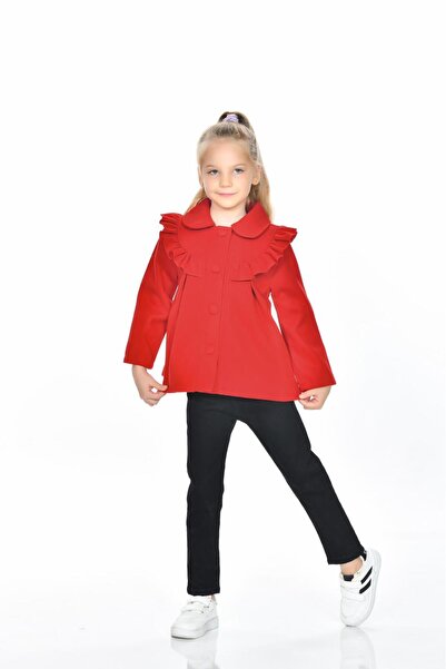 Kamex Buttoned Ruffle Detail Coat Red