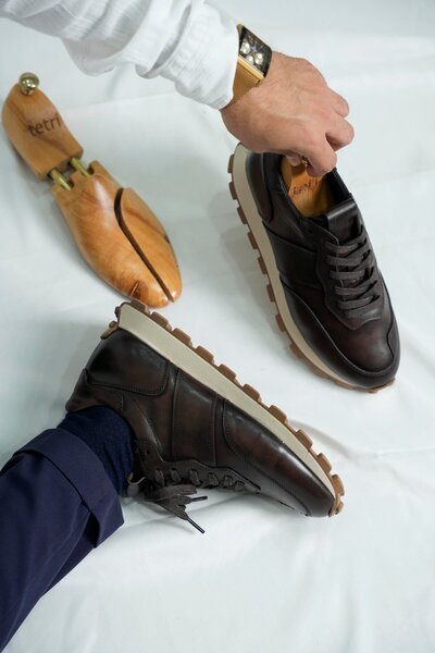 TETRİ Dustin Model Hakiki Deri El Yapımı Kahverengi Sneaker Ayakkabı