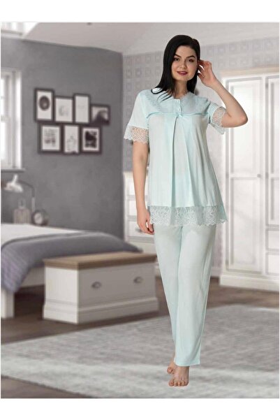 Lohusa Homewear Ženska tirkizna specijalna dizajnerska Čipka delna pidžama za...