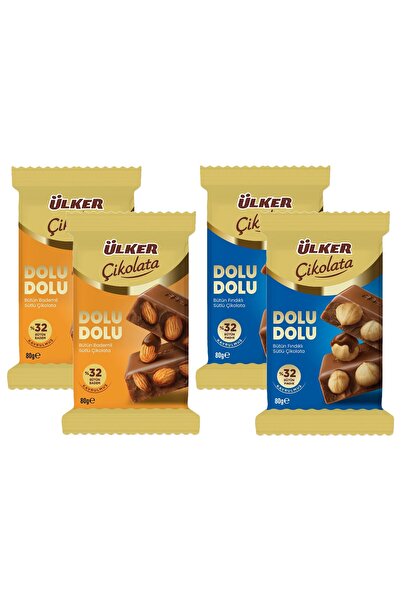 Ülker Dolu Dolu Sütlü Bütün Fındıklı ve Bademli Çikolata 80 gr 4 lü Karma