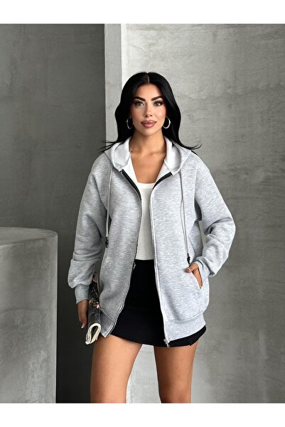 MODA سترة بغطاء رأس قصة فضفاضة بسحاب