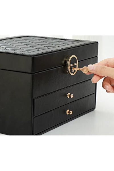 gaman Kadınlar için 3 Katmanlı Kilitli suni Deri Mücevher Kutusu Çıkarılabilir Tepsili Düzenleyici MK-24
