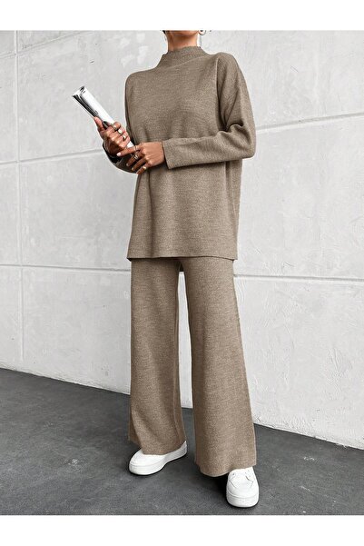 Puella Tkm0005 Women's Dark Beige Glitter Half Turtleneck Pique Sweater-Pants Knitwear Set
