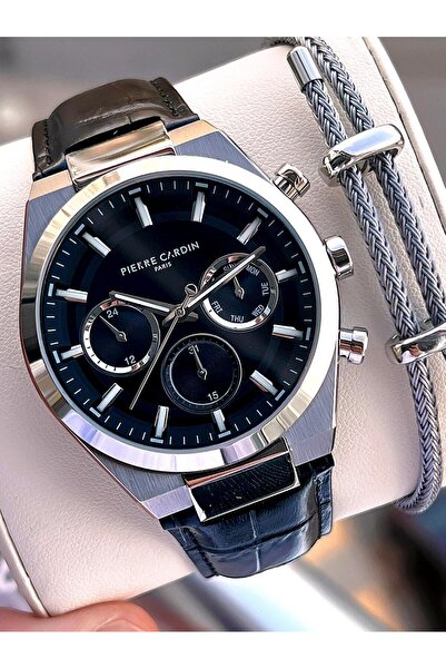 Pierre Cardin ساعة يد رجالية بتصميم إيطالي مع سوار هدية وعلبة فولاذية وحبل جل...