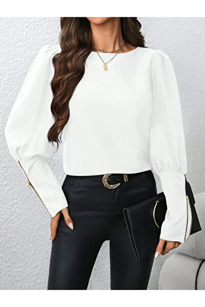 TBL DEKOR Women's Long Sleeve Crew Neck Zipper Detailed Imported Crepe Blouse