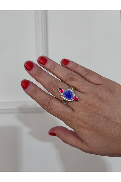 shop Steel Gold Detail Red Blue Silver Stone Detail Shiny Bright Ring Compatible with Any Finger
