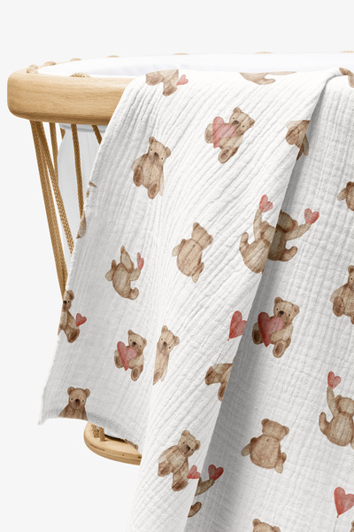 cekic kids 4 Layer Muslin Blanket - Heart Bear Patterned Baby Muslin Blanket - 100X110 cm