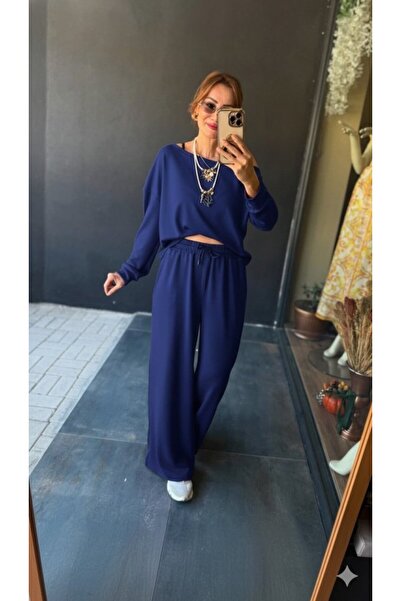 ALPACO Set din două piese pentru femei, cu mânecă lungă, cu un singur umăr, din viscoză, cu două fire, bluză și pantaloni