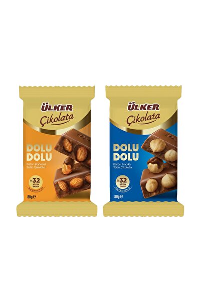 Ülker Dolu Dolu Sütlü Bütün Fındıklı ve Bademli Çikolata 80 gr 2 li