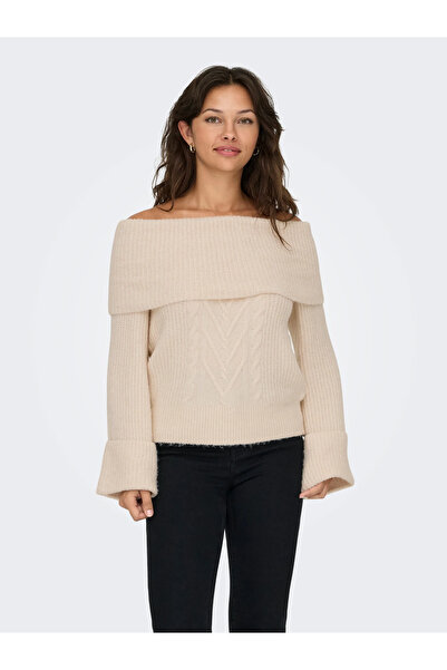 ONLY Women's Off-Shoulder Beige Knit Sweater - 15352271