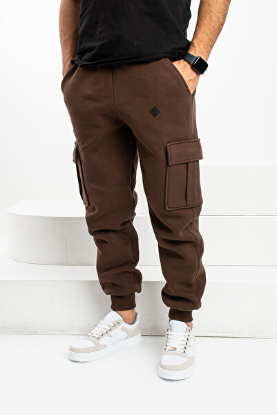 grand coco Ανδρικό παντελόνι επένδυση fleece κλωστών, πλαϊνή τσέπη πόδια, ελαστικό καφέ παντελόνι