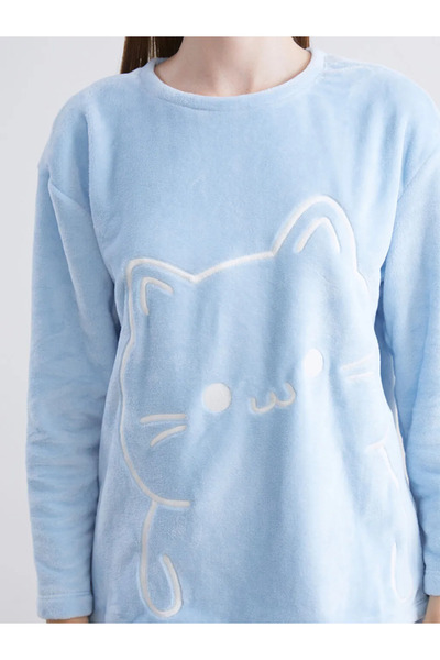 LC Waikiki pisică Set de pijamale pentru femei din pluș brodat