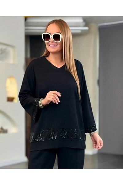 TUA MODA Tua Moda Women's Long Sleeve V-Neck Pulpayet Viscose Two Thread Blouse and Pants Set