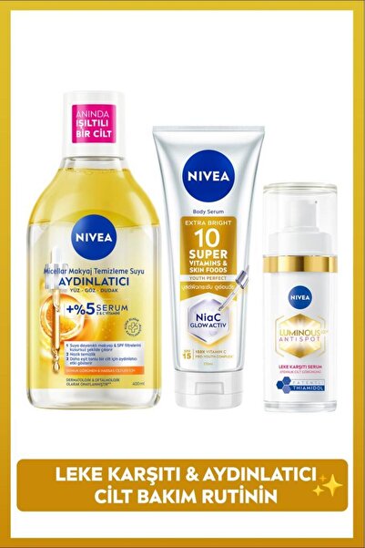 NIVEA Leke Karşıtı ve Aydınlatıcı Cilt Bakım Seti,Luminous630 Serum,Makyaj Temizleme Suyu,Vücut Losyonu