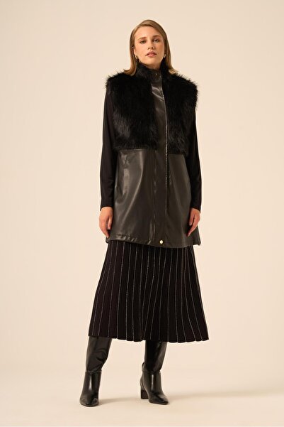 FTZ WOMEN Women's Plush Detail Leather Vest Black 31243