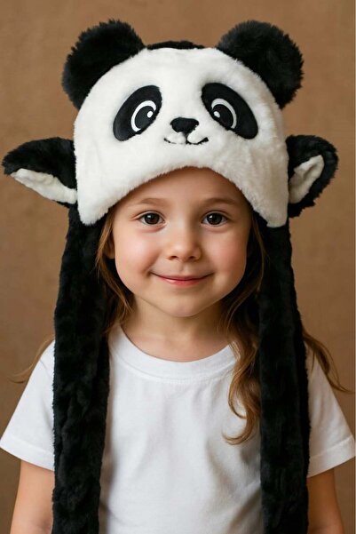 TAKIŞTIR Black and White Color Panda Figured Plush Hat
