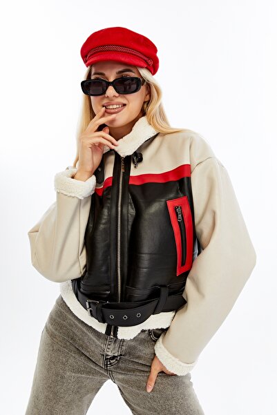 CHOS7N Palton scurt negru cu cataramă din shearling pentru femei