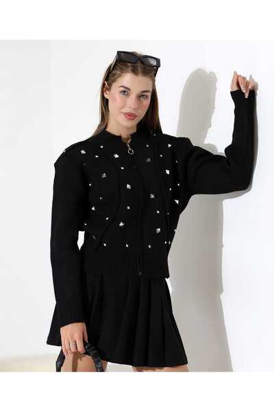 Blue Morpho Silver Stone Knitwear Zippered Crop Cardigan Above Skirt