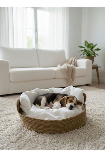 Wooden Factory Doğal El Yapımı Hasır Kedi ve Köpek Yatağı Yıkanabilir Minderli