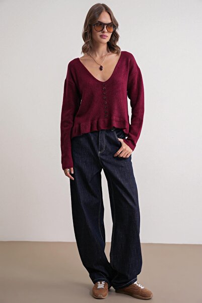 Mixray 6954 women's ruffle detailed v-neck knit sweater burgundy