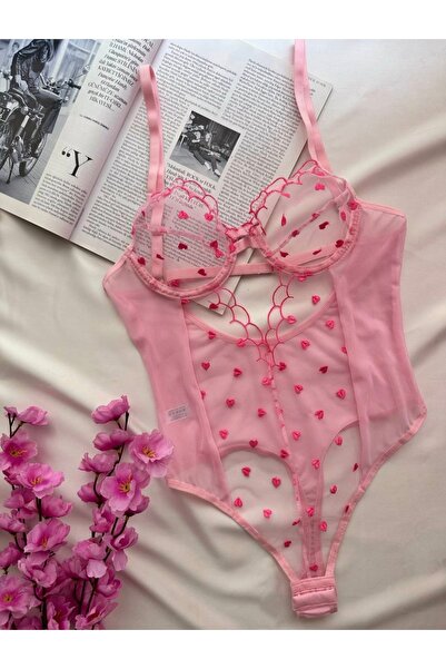 Genel Markalar Kadın Pembe Kalp Desenli Transparan Tül Body – Romantik Dantelli Büstiyer