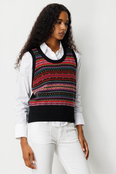 Desen Triko Women's Crew Neck Jacquard Wool Sweater Black