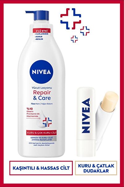 NIVEA Repair&Care Yoğun Nemlendirici Vücut Losyonu 400ml ve Nemlendirici Dudak Kremi, Kuru Cilt Bakım Seti