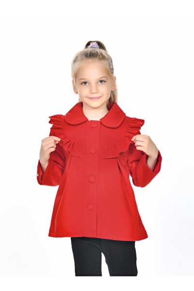 Kamex Buttoned Ruffle Detail Coat Red