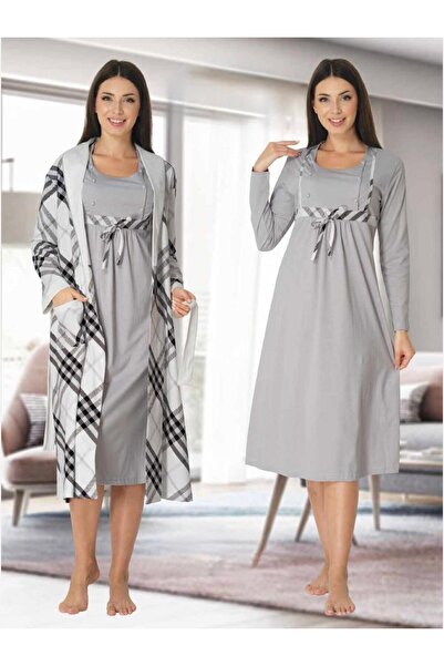 Lohusa Homewear Γυναικείο νυχτικό εγκυμοσύνης με μακρυμάνικο σχέδιο σε γκρι κ...