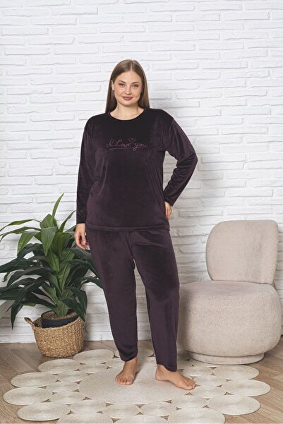 Asel Plus Size Plum Color Long Sleeve Velvet Pajamas Set