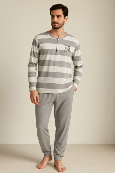 Katia&Bony Men's Thick Striped Pajama Set Gray