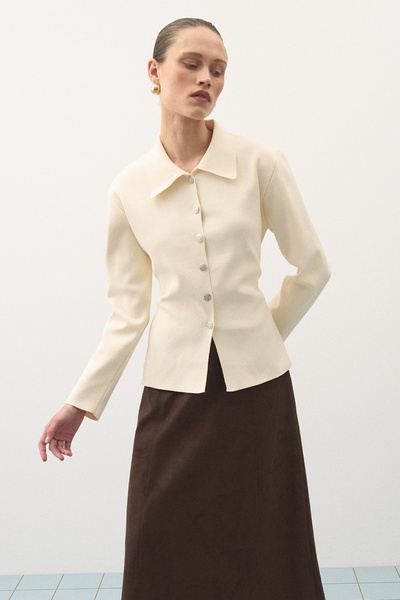 Jolamier Metalik Düğmeli Fit Triko Hırka Vanilla