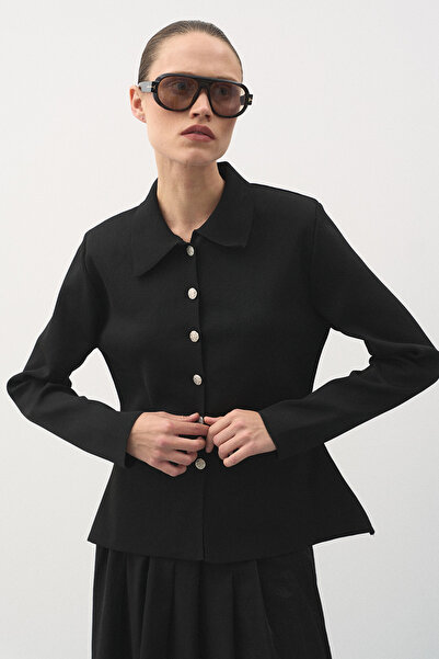 Jolamier Metalik Düğmeli Fit Triko Hırka Siyah