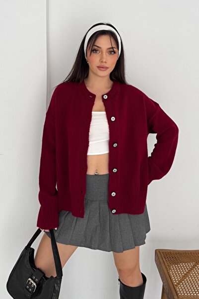 FEMELLE Burgundy Slit Buttons on the Side Oversized Knitwear Cardigan Standard Size