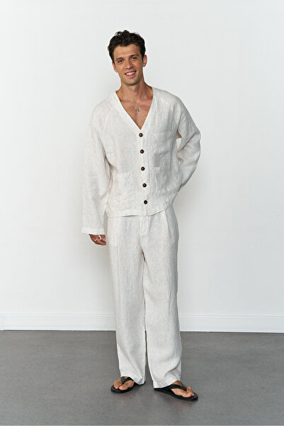 Beyyoglu %100 Keten Çizgili Gömlek