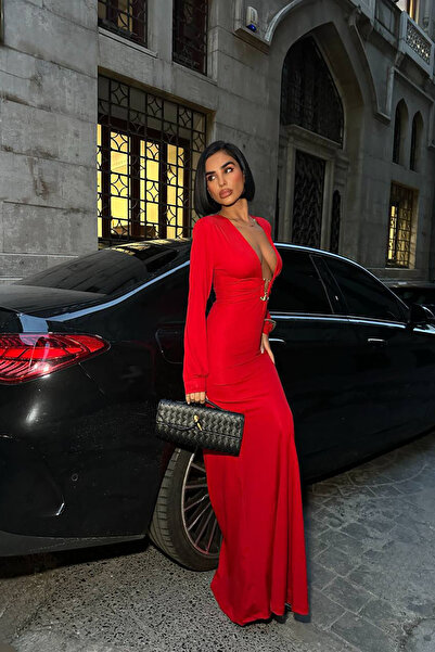 Neşeli Butik Women Deep V-Neck Long Sleeve Gold Buckle Detail Maxi Length Dress Nbdf173