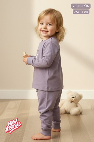 Kübra Tekstil Unisex Σετ αθλητικής φόρμας για μωρά και παιδιά από βαμβακερό ελαστικό ύφασμα Cute Goose με τύπωμα Λιλά Σετ 2 τεμαχίων επάνω και κάτω