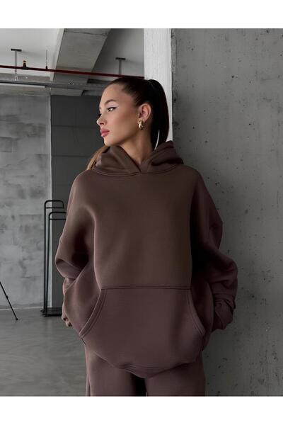 vikitekno Women's Hooded Basic Oversized Sweatshirt Brown