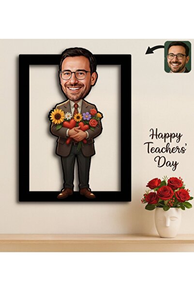 Bk Gift Kişiye Özel Erkek Öğretmen Karikatürlü 3D Ahşap Tablo -11, Öğretmene ...