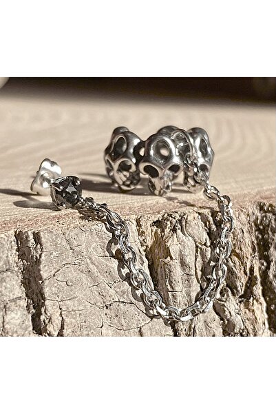 Viking Black Zircon Stone Chain Skull Hamsa Model S+ Quality 316L Stainless Tarnish-Free Steel Earrings&Hamsa