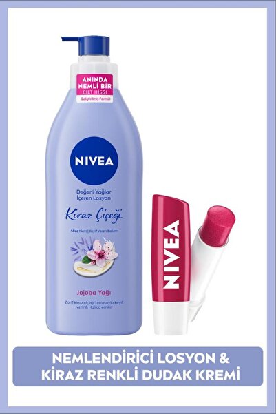 NIVEA Kiraz Çiçeği Vücut Losyonu 400ml ve Kiraz Dudak Bakım Kremi,Nemlendirici,Kuru Cilt