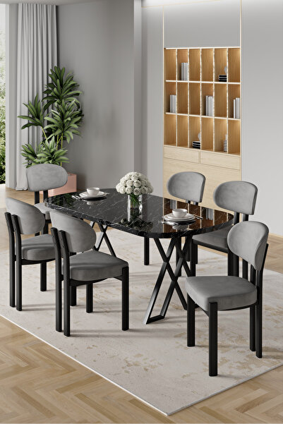 Canisa Radon Serisi MDF 90x168 Sabit Siyah Mermer Desen Mutfak Masa Takımı 6 Gri Sandalye