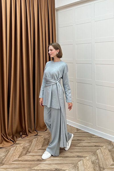 Stilife Σετ πλεκτών ενδυμάτων Yakamoz με λεπτομέρεια σάλι με γκλίτερ γκρι