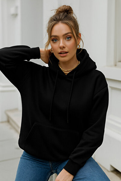 Rich Women's Black Kangaroo Pocket Hooded Scuba Sweatshirt