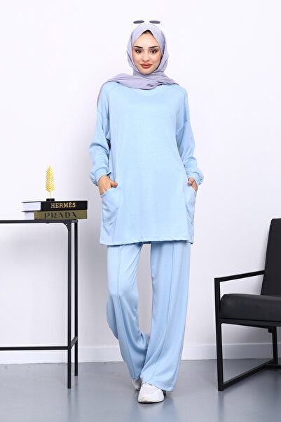 İmajButik Baby Blue Side Pocket Shoulder Piece Bottom piped Modal Set