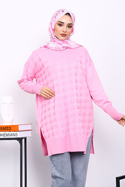 İmajButik Pink Houndstooth Patterned Cold Yarn Knitwear Tunic