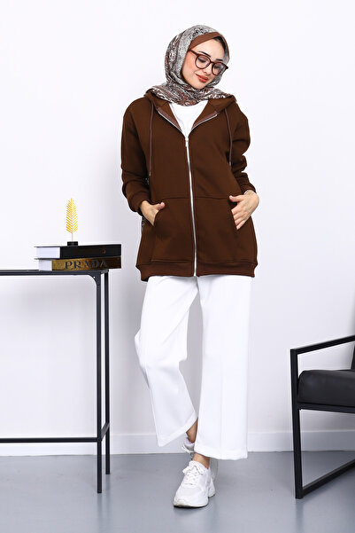 İmajButik Καφέ Ζακέτα με φερμουάρ και τρεις κλωστές επένδυση fleece